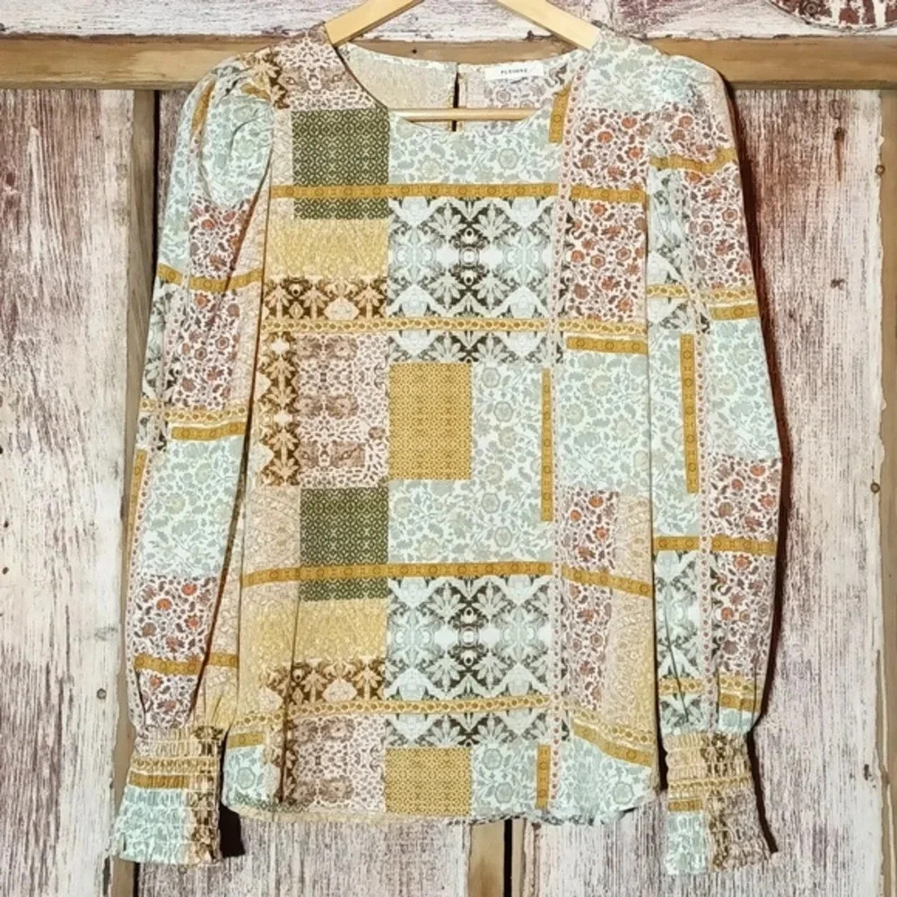 Pleione women's patchwork  appearance boho pullover blouse prairie cottage Small
